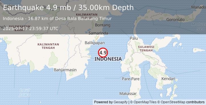 Earthquake MAKASSAR STRAIT, INDONESIA (4.9 mb) (2025-07-17 23:59:37 UTC)