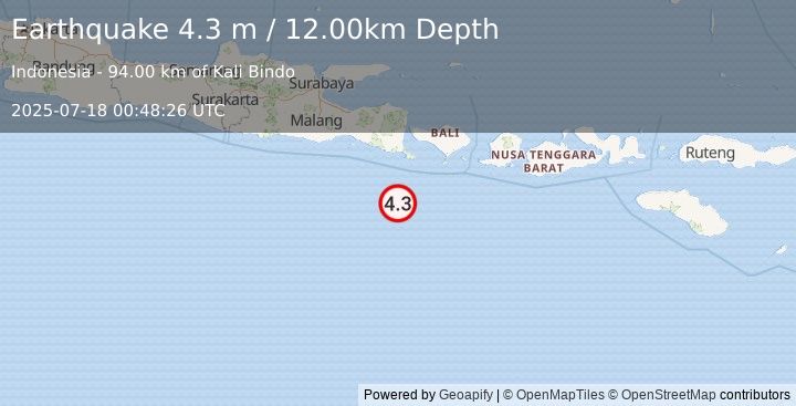 Earthquake SOUTH OF BALI, INDONESIA (4.3 m) (2025-07-18 00:48:26 UTC)