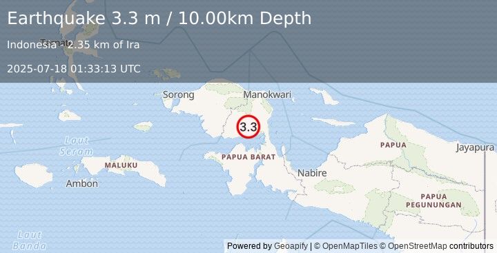 Earthquake PAPUA, INDONESIA (3.3 m) (2025-07-18 01:33:13 UTC)