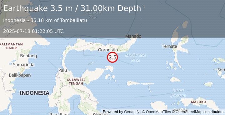 Earthquake SULAWESI, INDONESIA (3.5 m) (2025-07-18 01:22:05 UTC)