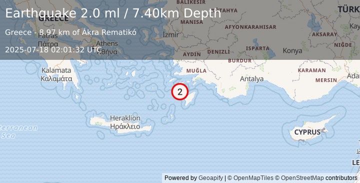 Earthquake DODECANESE IS.-TURKEY BORDER REG (2.0 ml) (2025-07-18 02:01:32 UTC)