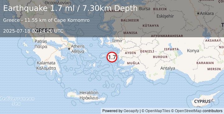 Earthquake DODECANESE ISLANDS, GREECE (1.7 ml) (2025-07-18 02:14:20 UTC)