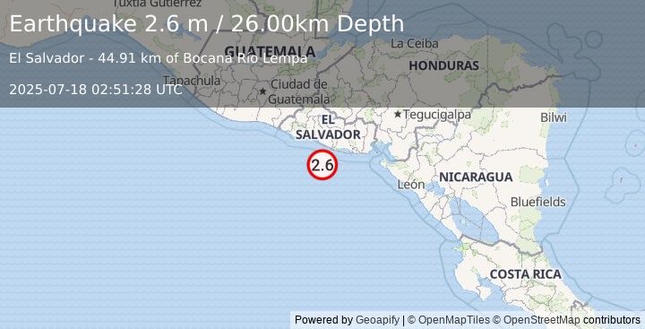 Earthquake OFFSHORE EL SALVADOR (2.6 m) (2025-07-18 02:51:28 UTC)
