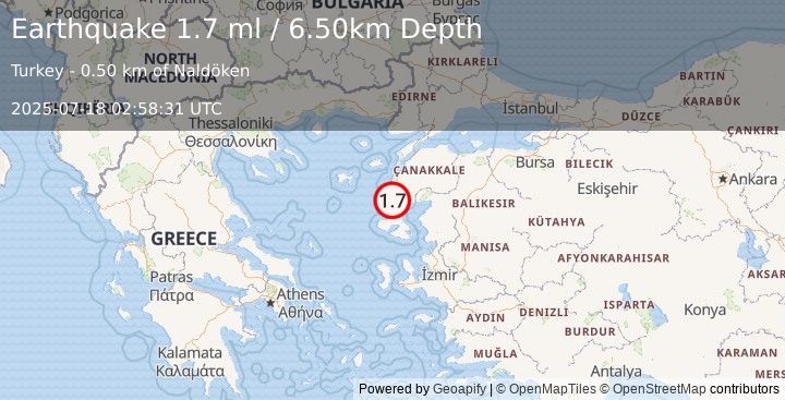 Earthquake NEAR THE COAST OF WESTERN TURKEY (1.7 ml) (2025-07-18 02:58:31 UTC)