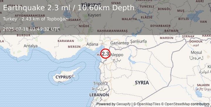 Earthquake TURKEY-SYRIA BORDER REGION (2.3 ml) (2025-07-18 03:49:32 UTC)