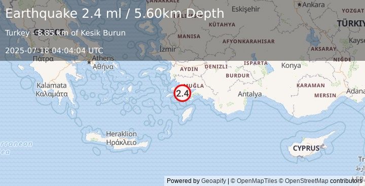 Earthquake DODECANESE IS.-TURKEY BORDER REG (2.4 ml) (2025-07-18 04:04:04 UTC)