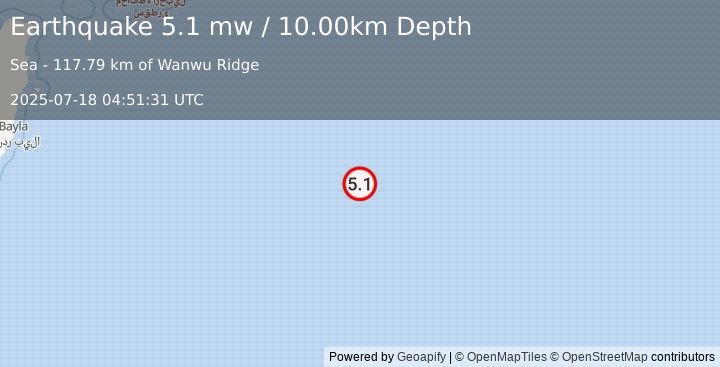 Earthquake CARLSBERG RIDGE (5.1 mw) (2025-07-18 04:51:31 UTC)