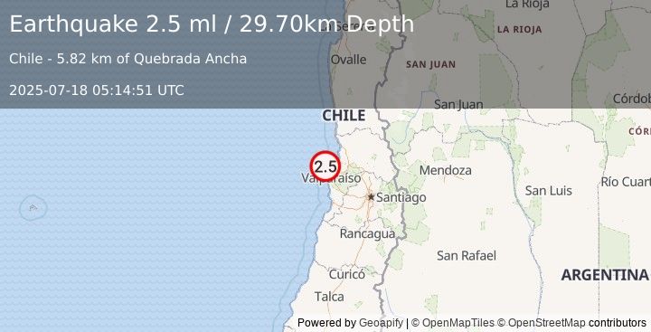 Earthquake OFFSHORE VALPARAISO, CHILE (2.5 ml) (2025-07-18 05:14:51 UTC)