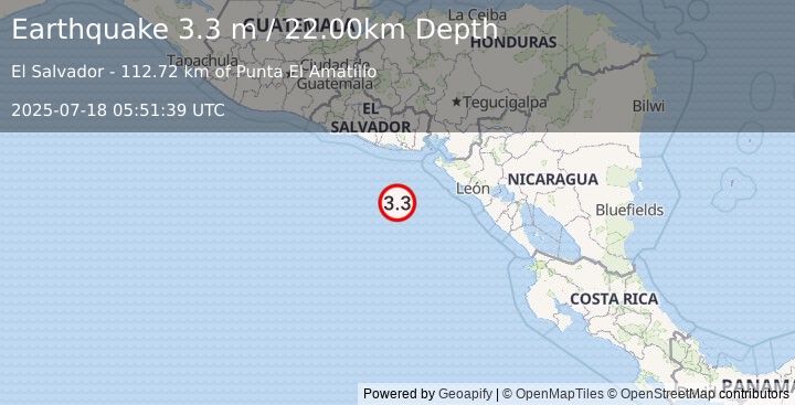 Earthquake OFF THE COAST OF EL SALVADOR (3.3 m) (2025-07-18 05:51:39 UTC)