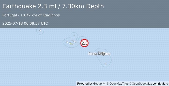 Earthquake AZORES ISLANDS, PORTUGAL (2.3 ml) (2025-07-18 06:08:57 UTC)