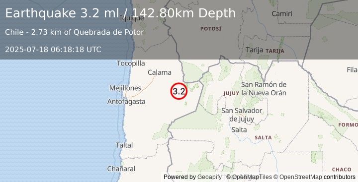 Earthquake ANTOFAGASTA, CHILE (3.2 ml) (2025-07-18 06:18:18 UTC)