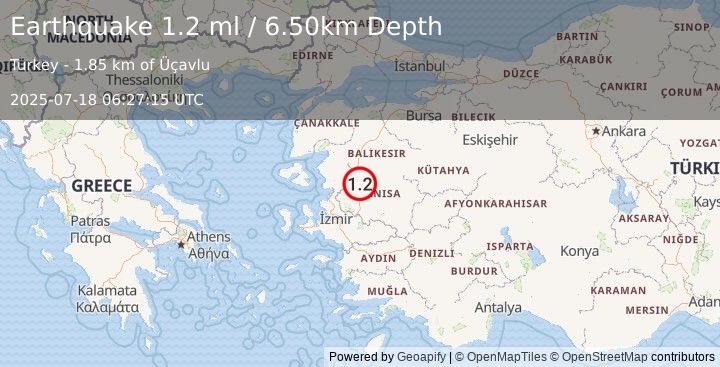 Earthquake WESTERN TURKEY (1.2 ml) (2025-07-18 06:27:15 UTC)