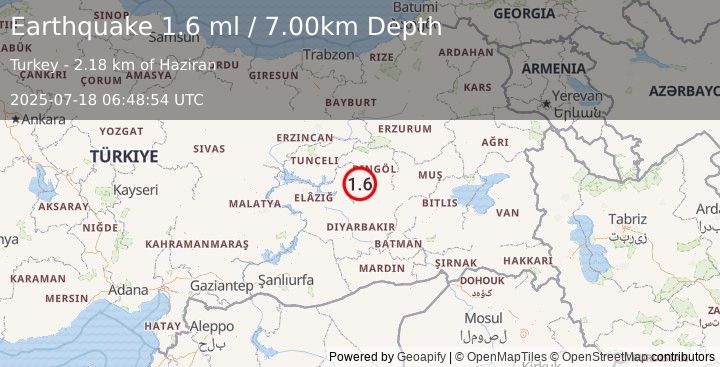 Earthquake EASTERN TURKEY (1.6 ml) (2025-07-18 06:48:54 UTC)