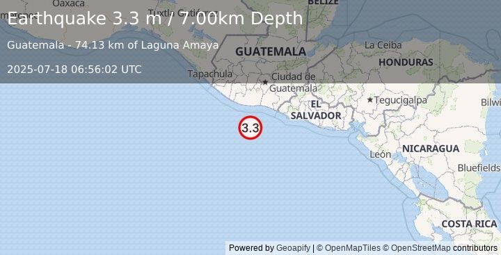 Earthquake OFFSHORE GUATEMALA (3.3 m) (2025-07-18 06:56:02 UTC)