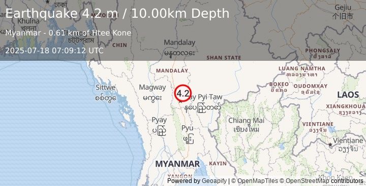 Earthquake MYANMAR (4.2 m) (2025-07-18 07:09:12 UTC)