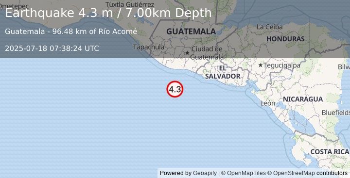 Earthquake OFFSHORE GUATEMALA (4.3 m) (2025-07-18 07:38:24 UTC)