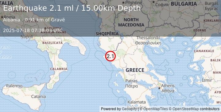 Earthquake ALBANIA (2.1 ml) (2025-07-18 07:38:03 UTC)