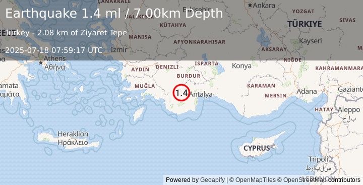 Earthquake WESTERN TURKEY (1.4 ml) (2025-07-18 07:59:17 UTC)