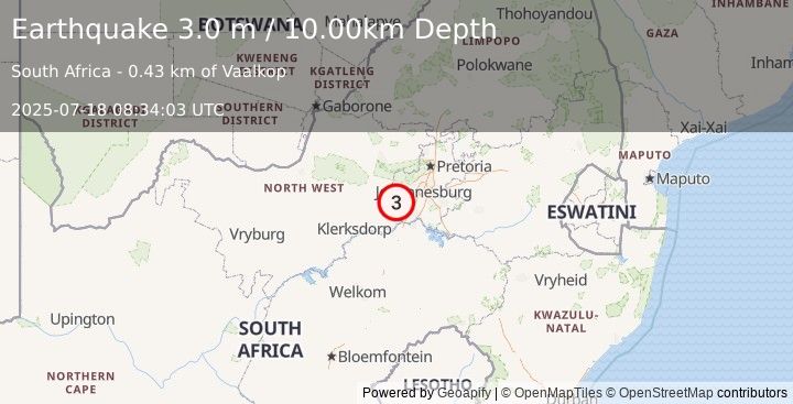 Earthquake SOUTH AFRICA (3.0 m) (2025-07-18 08:34:03 UTC)
