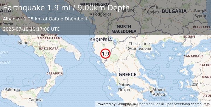 Earthquake ALBANIA (1.9 ml) (2025-07-18 10:17:08 UTC)
