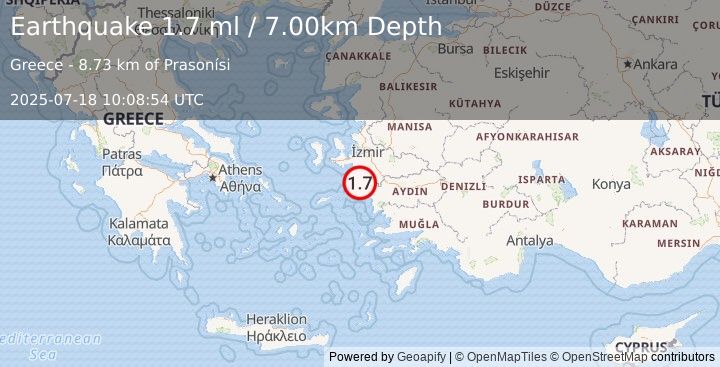 Earthquake DODECANESE ISLANDS, GREECE (1.7 ml) (2025-07-18 10:08:54 UTC)