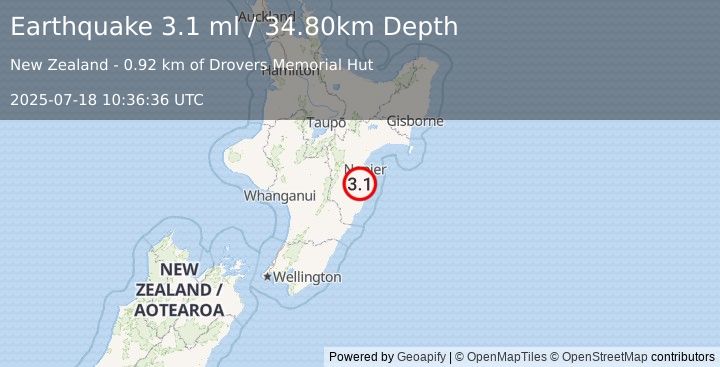 Earthquake NORTH ISLAND OF NEW ZEALAND (3.1 ml) (2025-07-18 10:36:36 UTC)
