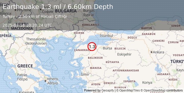 Earthquake WESTERN TURKEY (1.3 ml) (2025-07-18 10:20:24 UTC)