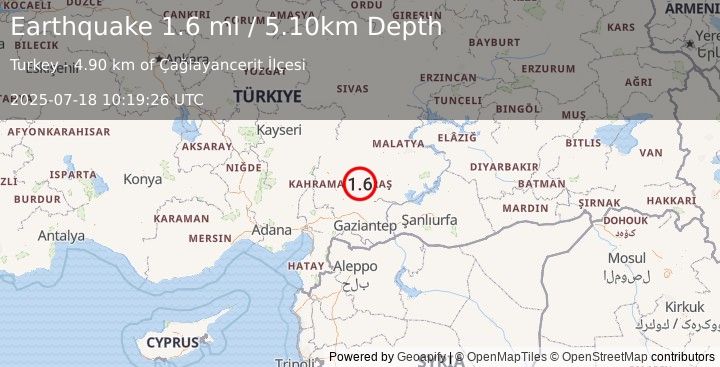 Earthquake CENTRAL TURKEY (1.6 ml) (2025-07-18 10:19:26 UTC)