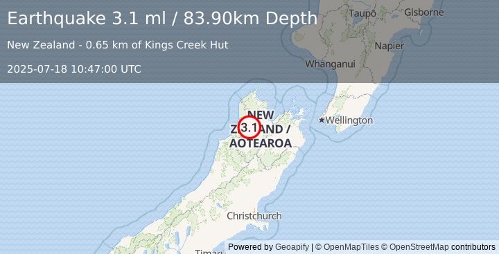 Earthquake SOUTH ISLAND OF NEW ZEALAND (3.1 ml) (2025-07-18 10:47:00 UTC)