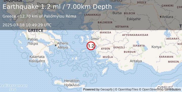 Earthquake DODECANESE ISLANDS, GREECE (1.2 ml) (2025-07-18 10:49:29 UTC)