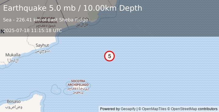 Earthquake OWEN FRACTURE ZONE REGION (5.1 mb) (2025-07-18 11:15:17 UTC)