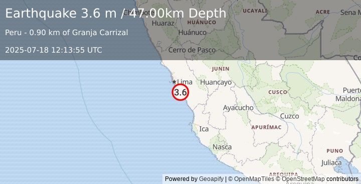 Earthquake NEAR COAST OF CENTRAL PERU (3.6 m) (2025-07-18 12:13:55 UTC)