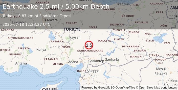 Earthquake CENTRAL TURKEY (2.5 ml) (2025-07-18 12:28:27 UTC)