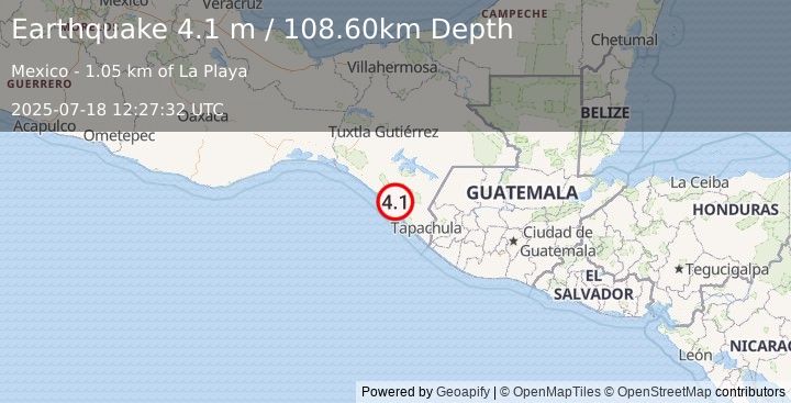 Earthquake CHIAPAS, MEXICO (4.1 m) (2025-07-18 12:27:32 UTC)