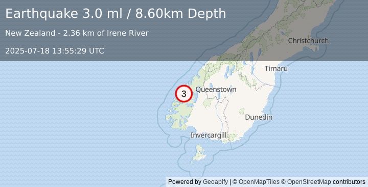 Earthquake SOUTH ISLAND OF NEW ZEALAND (3.0 ml) (2025-07-18 13:55:29 UTC)