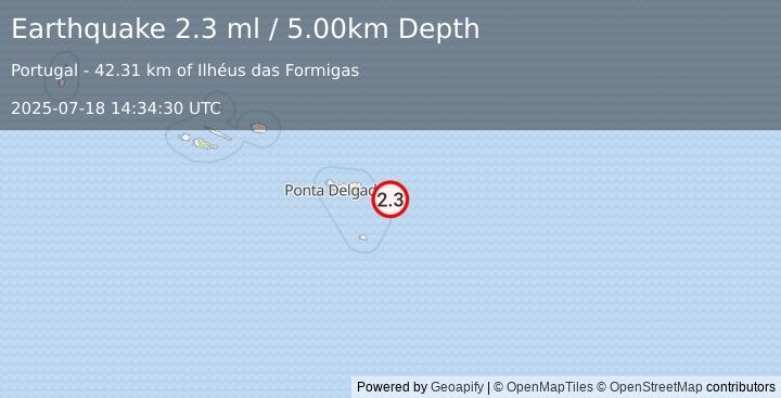Earthquake AZORES ISLANDS REGION (2.3 ml) (2025-07-18 14:34:30 UTC)