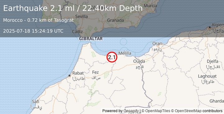 Earthquake STRAIT OF GIBRALTAR (2.1 ml) (2025-07-18 15:24:19 UTC)