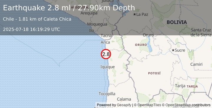 Earthquake OFFSHORE TARAPACA, CHILE (2.8 ml) (2025-07-18 16:19:29 UTC)