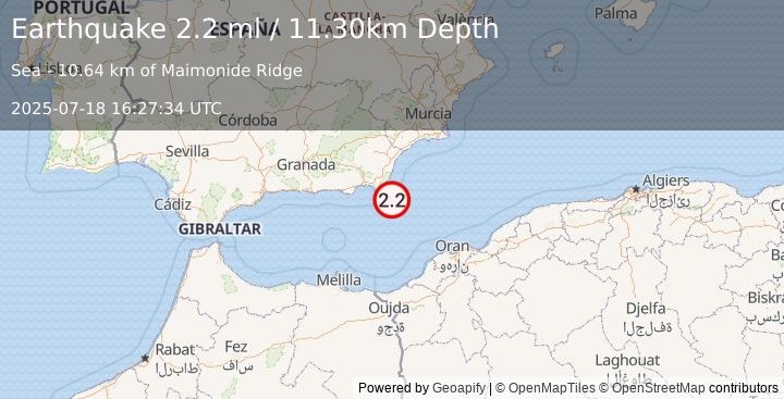 Earthquake WESTERN MEDITERRANEAN SEA (2.2 ml) (2025-07-18 16:27:34 UTC)