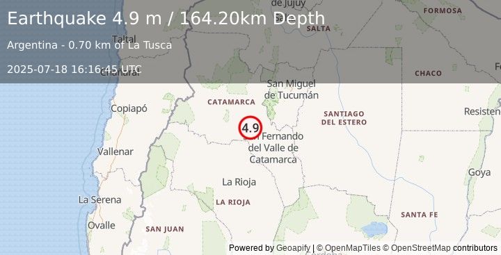 Earthquake CATAMARCA, ARGENTINA (4.9 m) (2025-07-18 16:16:45 UTC)