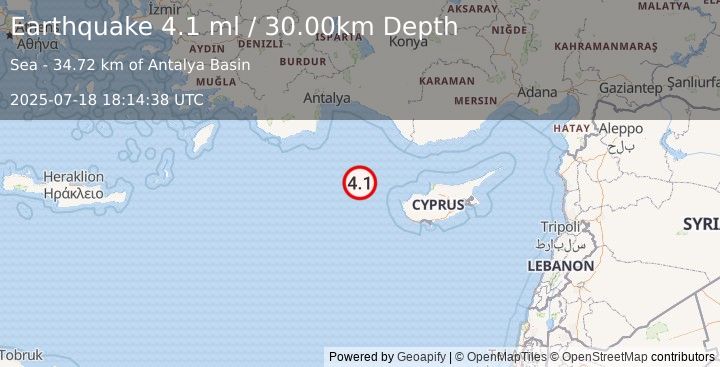 Earthquake CYPRUS REGION (4.0 mw) (2025-07-18 18:14:40 UTC)