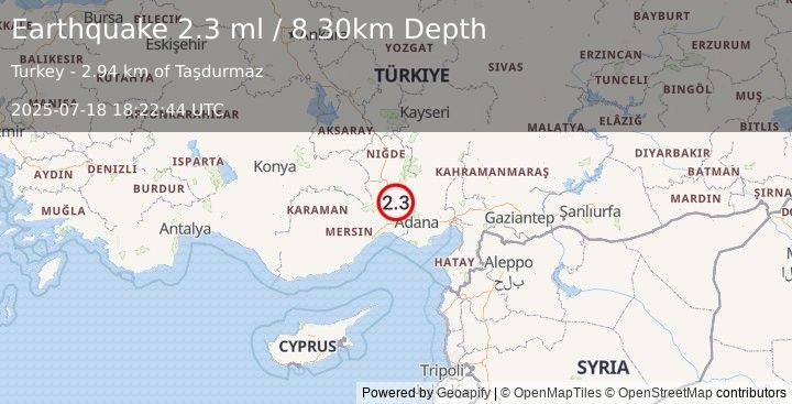 Earthquake CENTRAL TURKEY (2.3 ml) (2025-07-18 18:22:44 UTC)
