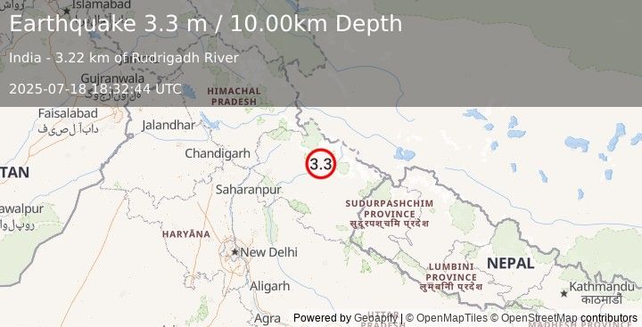 Earthquake UTTARANCHAL, INDIA (3.3 m) (2025-07-18 18:32:44 UTC)