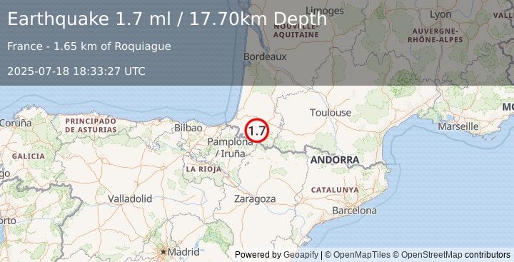 Earthquake PYRENEES (1.7 ml) (2025-07-18 18:33:27 UTC)