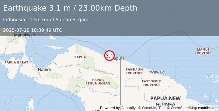Earthquake NEAR N COAST OF PAPUA, INDONESIA (3.1 m) (2025-07-18 18:39:49 UTC)
