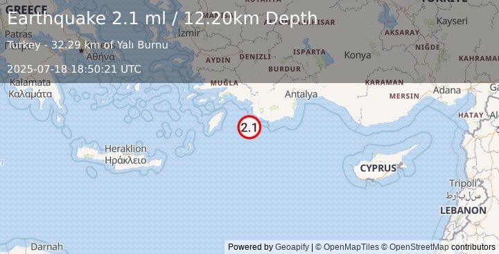 Earthquake EASTERN MEDITERRANEAN SEA (2.1 ml) (2025-07-18 18:50:20 UTC)