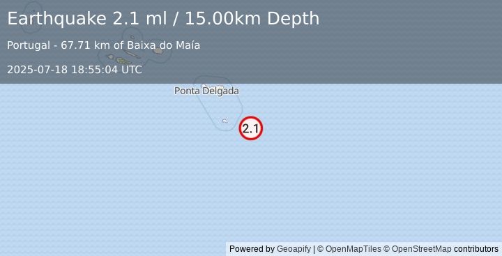 Earthquake AZORES ISLANDS REGION (2.1 ml) (2025-07-18 18:55:04 UTC)