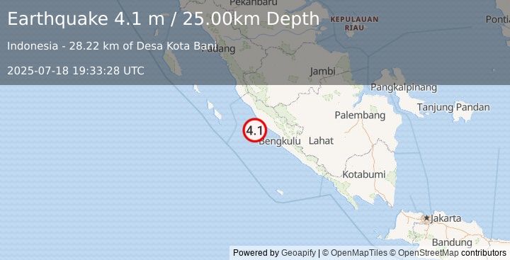 Earthquake SOUTHERN SUMATRA, INDONESIA (4.1 m) (2025-07-18 19:33:28 UTC)