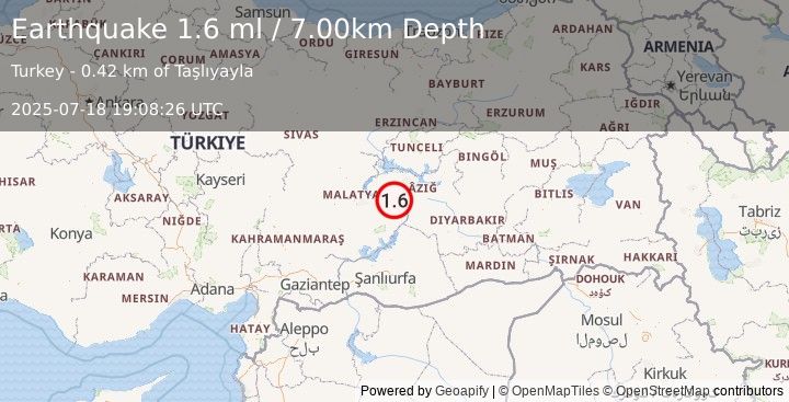 Earthquake EASTERN TURKEY (1.6 ml) (2025-07-18 19:08:26 UTC)
