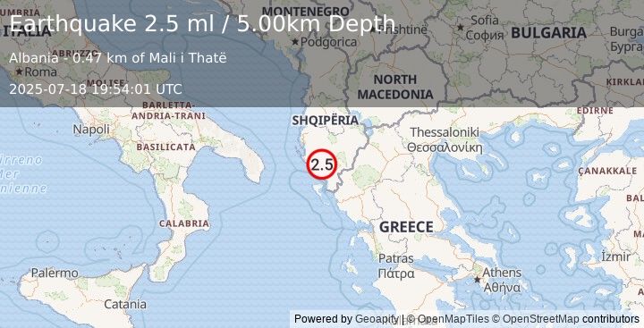 Earthquake ALBANIA (2.3 ml) (2025-07-18 19:54:04 UTC)